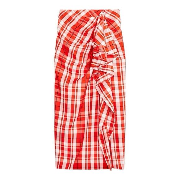 J Crew Skirt 4 Red Plaid Ruffle Pencil Midi Holiday Festive Preppy Lightweight - Picture 1 of 11